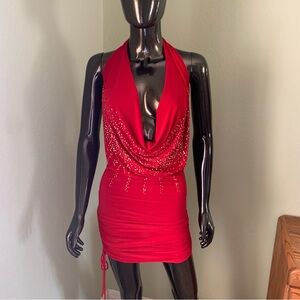 Hot Red Halter Dress with Gold Bling